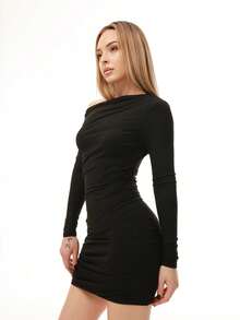 Katetique Asymmetrical Shoulder Ruffle Long Sleeve Elastic Waist Short Casual Dress,Ladies Elegant Asymmetrical,Ruched Long Sleeve Asymmetrical Neck Slim Fit Short Black Regular Sleeve Plain Bodycon Women Short Dresses,Spring/Fall,Party/Nightclub Outfits