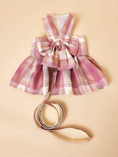 PETSIN 1PCPet JK Plaid Bow Decor Chest Strap Traction Rope Walking Dog Cat Dress, Teddy Party Clothes Christmas For Holiday Gift Giving
