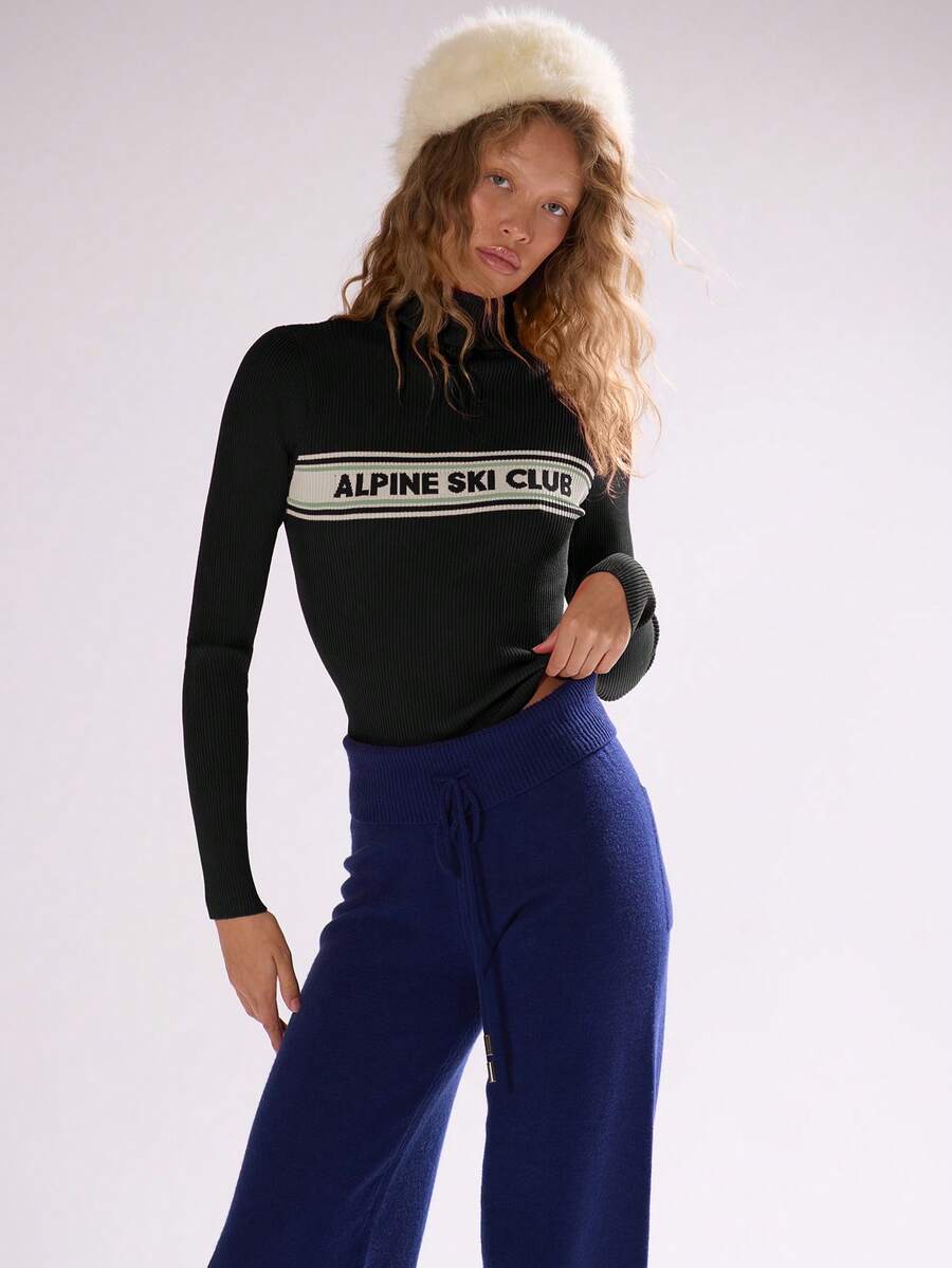 MUSERA High Neck ' Ski Club' Knitted Stripe Fitted Jumper Autumn Fall Winter Ski Vacation  Lounge Holidays Sweater - Black - View 1