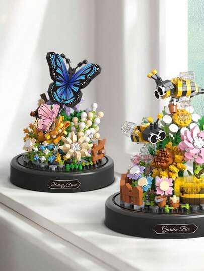 Zazumi A款 530片 B款 588片 积木花朵永不凋谢 蜜蜂昆虫装饰 微粒积木 DIY工艺品 家居桌面装饰