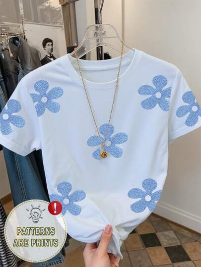 Resyla Camiseta de cuello redondo de manga corta regular y casual con estampado floral para mujer, regalo para amigos