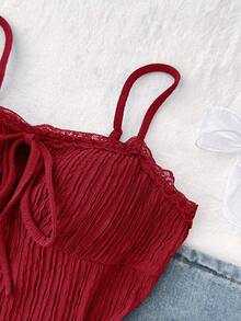 少女红色针织纹理吊带背心，蝴蝶结蕾丝款式，适合夏季、返校、度假、日常休闲穿着 - 紅色 - 查看 5