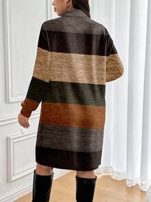 SHEIN Frenchy Plus Size Women Vintage Striped Pattern Print Turtleneck Long Sleeve Casual Dress, Suitable For Autumn, , And New Year Fall Spring,Summer/Vacation - Multicolor - View 2