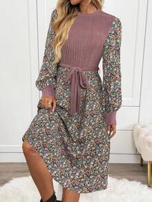 SHEIN LUNE Váy midi tay dài họa tiết hoa chắp vá thường ngày dành cho nữ - Màu tím - Xem 3