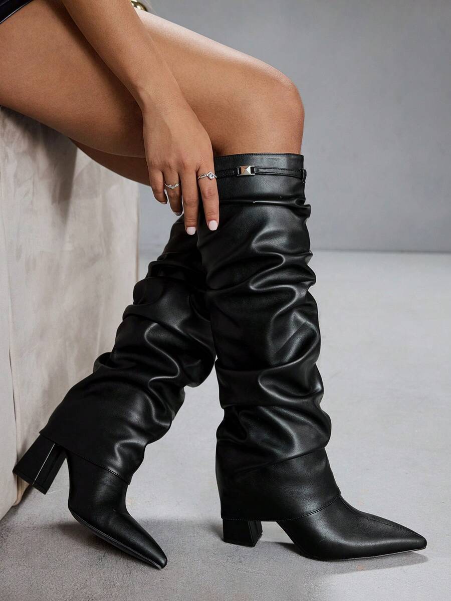 CUCCOO SZL Botas altas de mujer de piel de imitación plisada, de moda y versátiles para uso diario - Negro - Ver 1