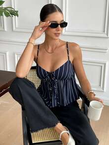 Serisse 女士时尚性感条纹印花系带吊带背心 - 寶藍色 - 查看 6