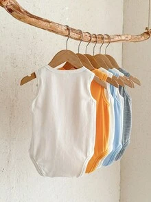 SHEIN 6pcs/Set Newborn Unisex Baby Solid Color Knitted Sleeveless Bodysuit Set Unisex Baby Clothes Baby Neutral Clothes Baby Summer Clothes Bodysuit - Multicolor - View 2
