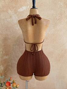 Soleia Macacão Feminino de Tricô Degradê com Decote em V Profundo e Costas Abertas, Sexy e Fashion, Adequado para Festa, Encontro, Chá da Tarde, Férias Boho, Praia - Café - Visão 2