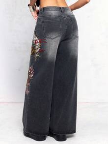 ROMWE Quần jean ống đứng dáng dài Y2K cỡ lớn, thêu họa tiết Trung Hoa mới của J-FASHION - màu đen - Xem 6