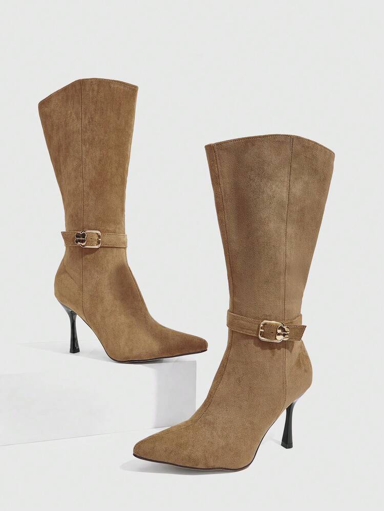 CUCCOO SZL Bottes mi-mollet à talon haut pointues avec boucle métallique classique pour femmes CUCCOO, idéales pour l'hiver et Noël