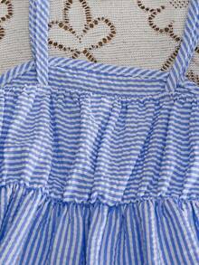 SHEIN Baby Girl Striped Ruffle Hem Camisole And Elastic Waist Wide Leg Pants Fashion Holiday Outfit - Blue - View 5