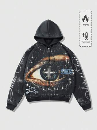Street Life Herren Langarm Thermofutter Zip-Up Kapuzenpullover mit Buchstaben- und Augen-Muster, Herbst/Winter