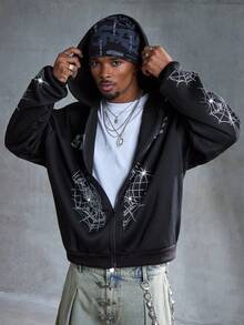 ROMWE MEN Street Life Men's Dropped Shoulder Casual Spider Web Zip-Up Hoodie Sweatshirt - Black - View 8