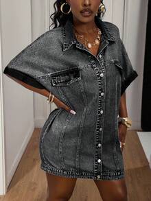 Slaydiva 大码女式翻领单排扣时尚街头风派对牛仔连衣裙 - 黑色 - 查看 2