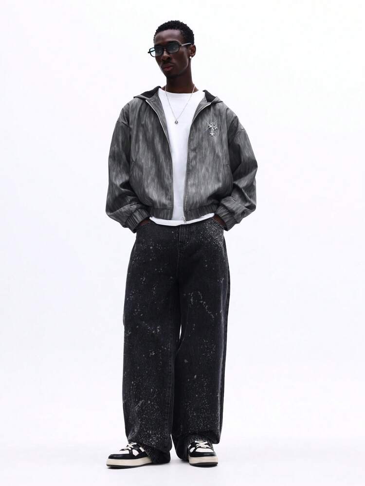 Hooded Washed PU Jacket With Rhinestone Embellishment