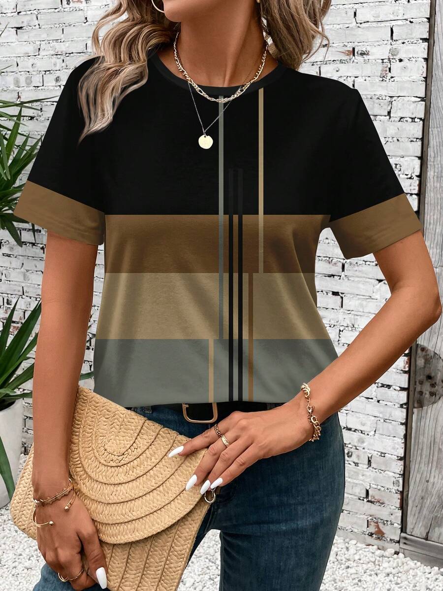 EMERY ROSE Camiseta holgada de manga corta y cuello redondo con patrón de bloques de color para mujer, camisetas de verano casuales para mujer en primavera/verano, tops casuales de verano - Multicolor - Ver 1