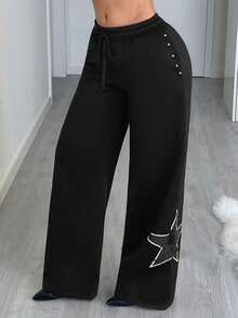 Jeanoix Women's Fashionable Commuter Star Print Sweatpants - Black - View 4