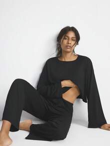 Ocili 两件套舒适柔软竹纤维针织圆领长袖上衣和裤子女士睡衣套装，适合夏季、秋季和冬季穿着 - 黑色 - 查看 8