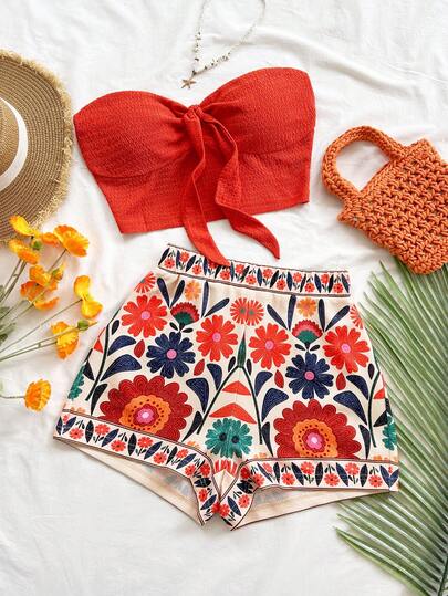 Soleia Conjunto informal de 2 piezas de top tubo corto anudado de unicolor y shorts con estampado floral para vacaciones de mujer