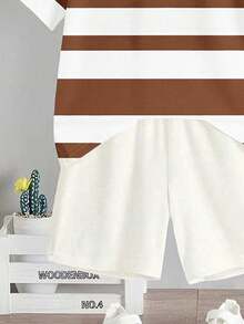 Conjunto de 2 piezas de camiseta de manga corta con cuello redondo y pantalones cortos con estampado de rayas e iconos de poni, adecuado para el verano - Multicolor - Ver 5