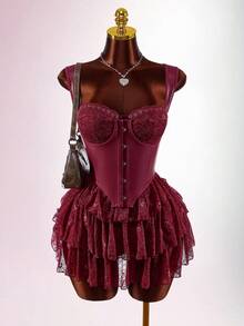 Amplova Boho Style Low-Cut PU & Lace Patchwork Waist A-Line Flowy Mini Dress - Burgundy - View 1