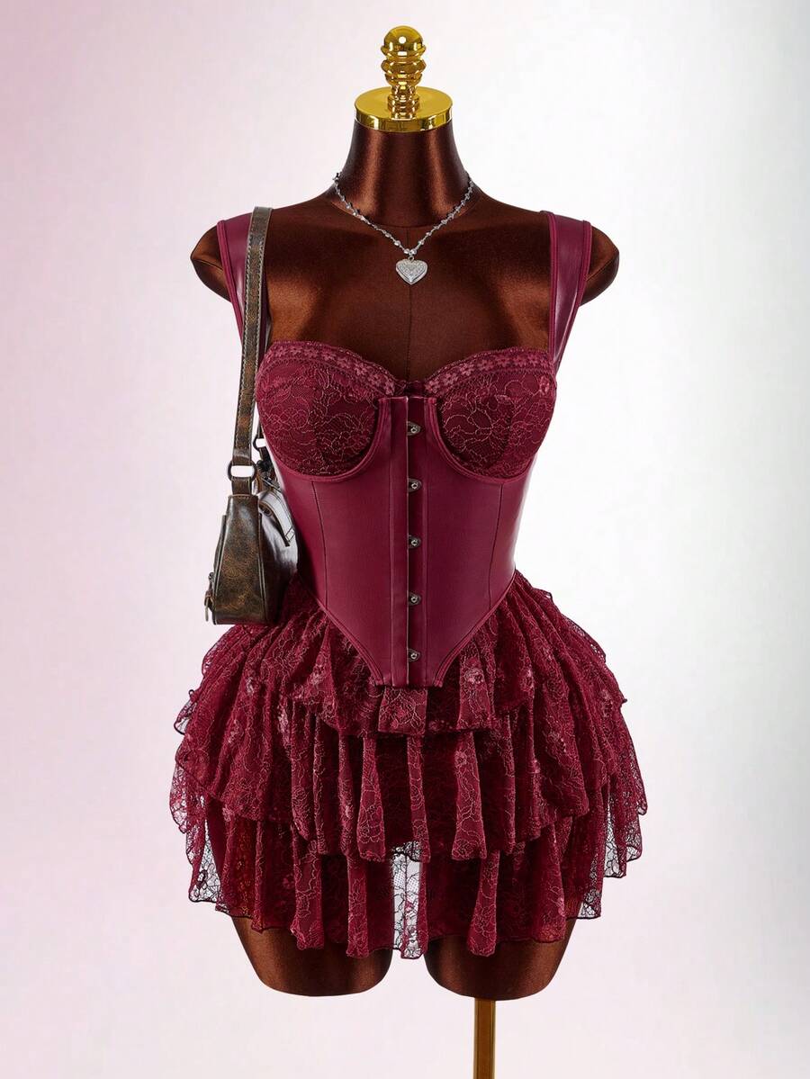 Amplova Boho Style Low-Cut PU & Lace Patchwork Waist A-Line Flowy Mini Dress - Burgundy - View 1