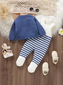 SHEIN Bộ 2 áo len xanh lá cây cho bé sơ sinh: Áo khoác cardigan cổ tròn tay dài có túi + Quần yếm sọc có dây đeo - Màu xanh lam - Xem 2