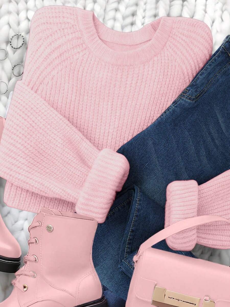 Airaco Pull oversize rétro en tricot épais à col rond unicolore pour femmes - Rose bonbon - Voir 1