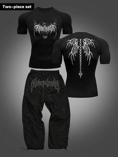 Manfinity Sport Corelite Conjunto deportivo de camiseta y pantalones con estampado de espinas para hombre, conjunto de gimnasio, conjunto de entrenamiento, camiseta de compresión para hombre