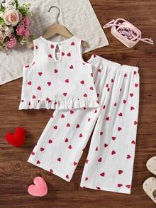 Conjunto de top con cuello de volantes con estampado de corazón y rayas en el bajo, y pantalones anchos de pierna ancha para niñas, adecuado para fiestas de San Valentín, primavera/otoño - Multicolor - Ver 2