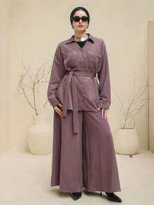 DAZY Bộ 2 món áo thun trơn màu thường ngày và quần ống rộng cho nữ - Màu tím hoa cà - Xem 1