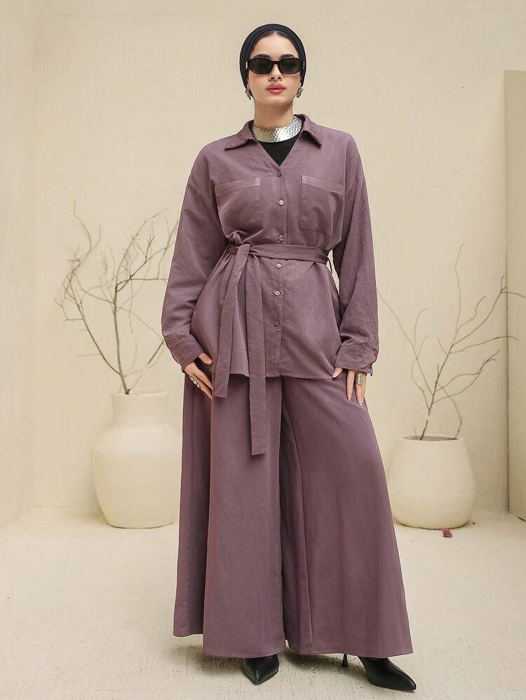 Women's Casual Solid Color Shirt & Wide Leg Pants 2 Pieces Set