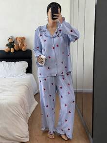 Dream Adore Plus Size Women Mushroom Collar Striped Heart Print Pajama Set Valentine's Stripe Pajama Set - Multicolor - View 5