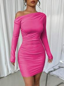 Elenzga Solid Color Fitted Fashionable Asymmetric Ruched Long Sleeve Dress - Hot Pink - View 4