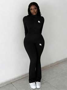 Slaydiva 2pcs Women Casual Basic High Stretch Fitted Long Sleeve Zip-Up Letter Print Top And Pants Set - Black - View 3