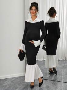 SHEIN Robe de maternité à col chemise, ourlet à volants, taille cintrée, manches longues, décontractée pour les vacances - Noir - Voir 6
