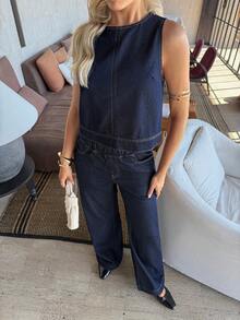 EMERY ROSE Women's Casual Denim Sleeveless Top And Pants Set,Women Denim Set,Women Denim Set,Denim Vest Wide Leg Pants Set,Denim Tank Top And Pants Set,Relaxed Wide Leg Denim Set,Elastic Waist Denim Pants Set,Office Denim Set,Versatile Office Denim Two Piece,Vacation Denim Set,Holiday Casual Denim Two Piece,Old Money Style Denim Set,French Casual Denim Set,All Season Denim Set,Spring Fall Denim Set,Valentine's Day - Blue - View 6