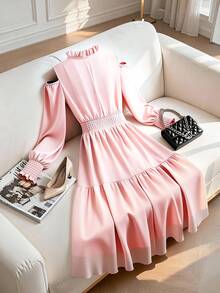 GlowEve CURVE Plus Size Elegant Commuter Solid Color Off-Shoulder Lantern Sleeve Dress - Pink - View 2