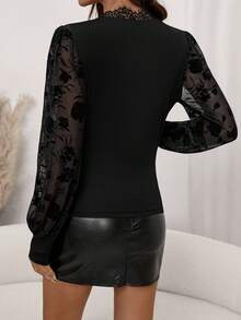 SHEIN Clasi 女士V领长袖黑色蕾丝边修身褶皱弹力优雅日常休闲通勤秋冬T恤 - 黑色 - 查看 8