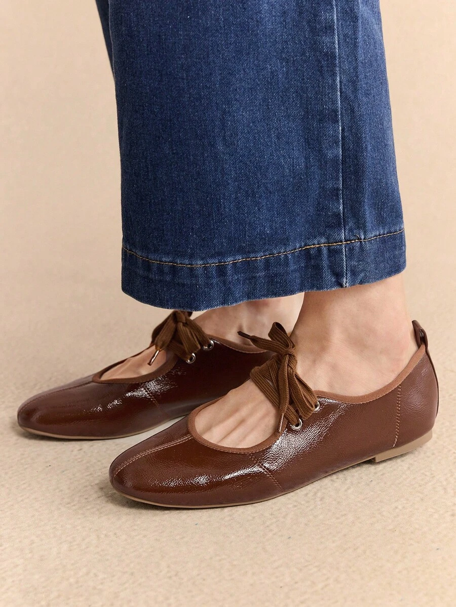 Rosivie 女士新款黑色圆头平底鞋，弹力皮革时尚芭蕾平底鞋，舒适防滑外底，适合户外、日常通勤、春夏季 - 鏽棕色 - 查看 1