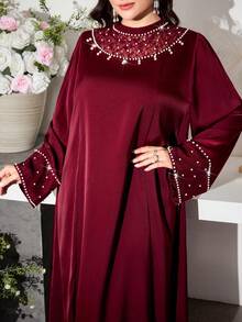 Al Najma Elegant Stand Collar Lace Patchwork Flare Sleeve Dress, Burgundy Kaftan Jalabiya Dress - Burgundy - View 1