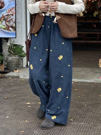 FRIFUL Women's Brown Embroidered Straight Leg Pants, Spring