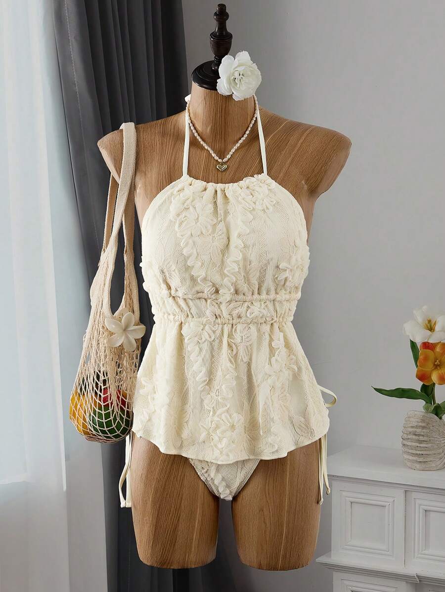 Bellisia Women's Summer Beach Tankini 2-Piece Set, White Mesh Lace Jacquard Fabric Halter Neck Tie Top And Adjustable Side Tie Bikini Bottom Swimsuit - Beige - View 1