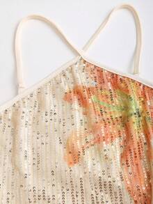 Sweetra 春夏新款女士时尚高街风格子复古性感修身印花串珠优雅派对度假百搭舒适休闲黄色连衣裙 - 杏色 - 查看 4