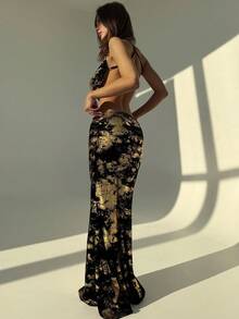 Aloruh Bộ 2 món áo hai dây hở lưng cổ sâu gợi cảm màu đen và vàng + chân váy cạp siêu dài, thích hợp cho tiệc tùng và khiêu vũ - Nhiều màu - Xem 8