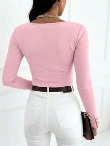 INAWLY Camiseta casual de mujer de manga larga con cuello redondo, abertura media y botones con forma de corazón - Rosa - Ver 2