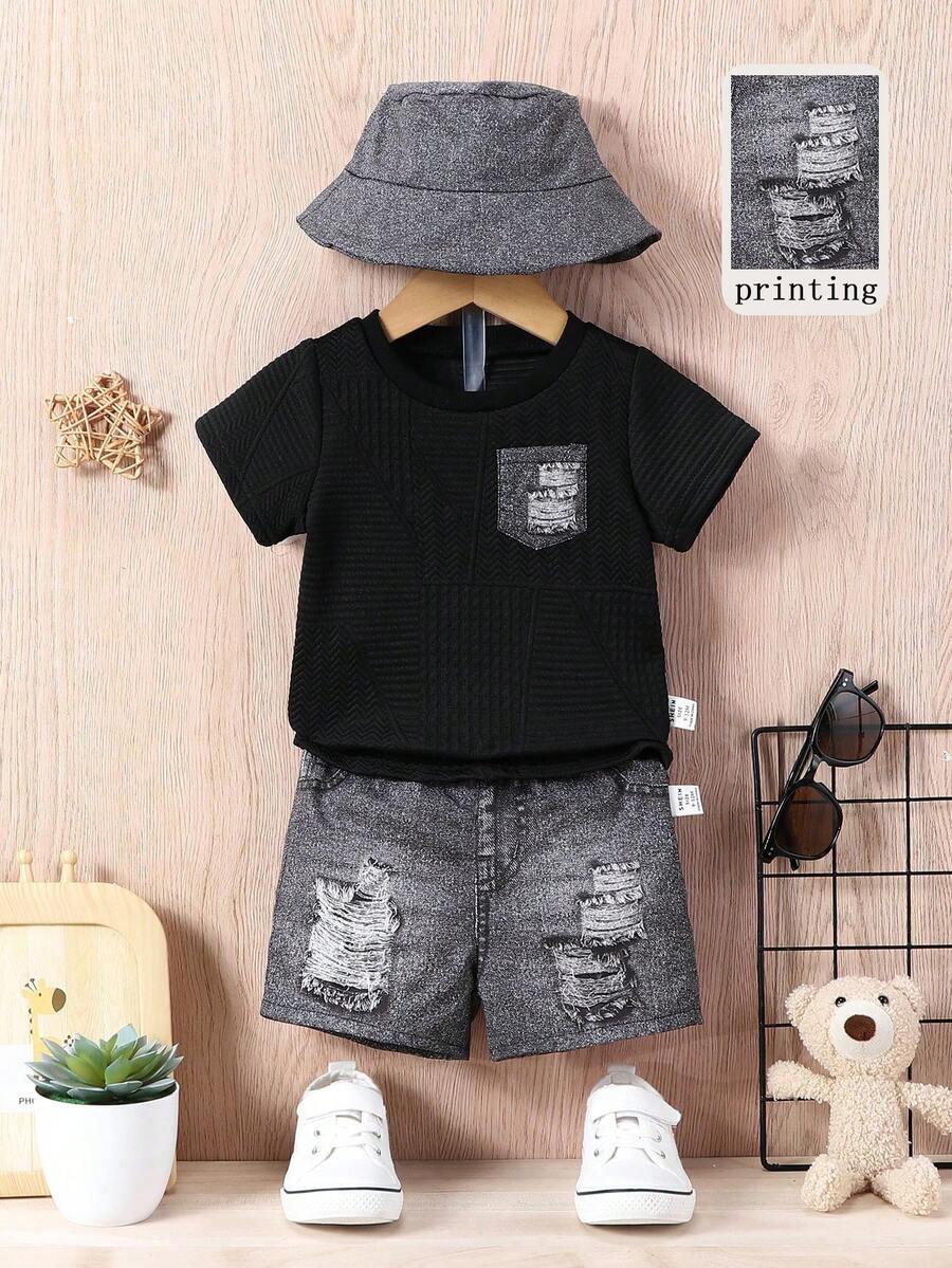 罗纹纹理T恤和牛仔效果短裤套装，搭配渔夫帽，街头风格时尚休闲男婴装