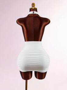 Amplova Đầm mini thời trang nữ màu trơn, xếp ly, cổ yếm, hở lưng, không tay, khoét eo - trắng - Xem 6