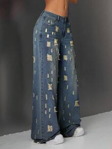 Jeanoix Quần jeans nữ ống rộng, có túi và cúc, kiểu dáng thoải mái, đa năng, thích hợp cho việc đi làm đường phố. - Màu xanh lam - Xem 4