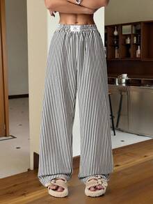 SHEIN EZwear 1 件女式条纹编织阔腿裤 - 黑與白 - 查看 6